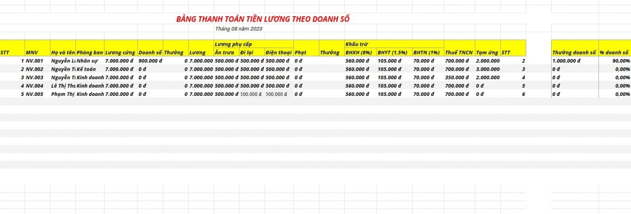 Bảng lương căn cứ theo doanh số của nhân viên kinh doanh.