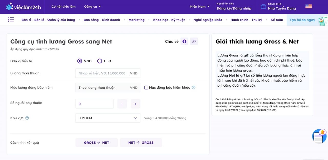 Công cụ tính lương gross sang net cực kỳ hữu dụng từ Việc Làm 24h.
