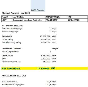 Bảng lương nhân viên tính toán bằng công cụ Excel tiếng Anh.