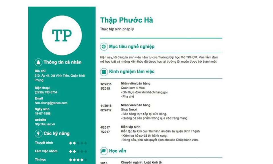 Mẫu CV thực tập sinh pháp lý