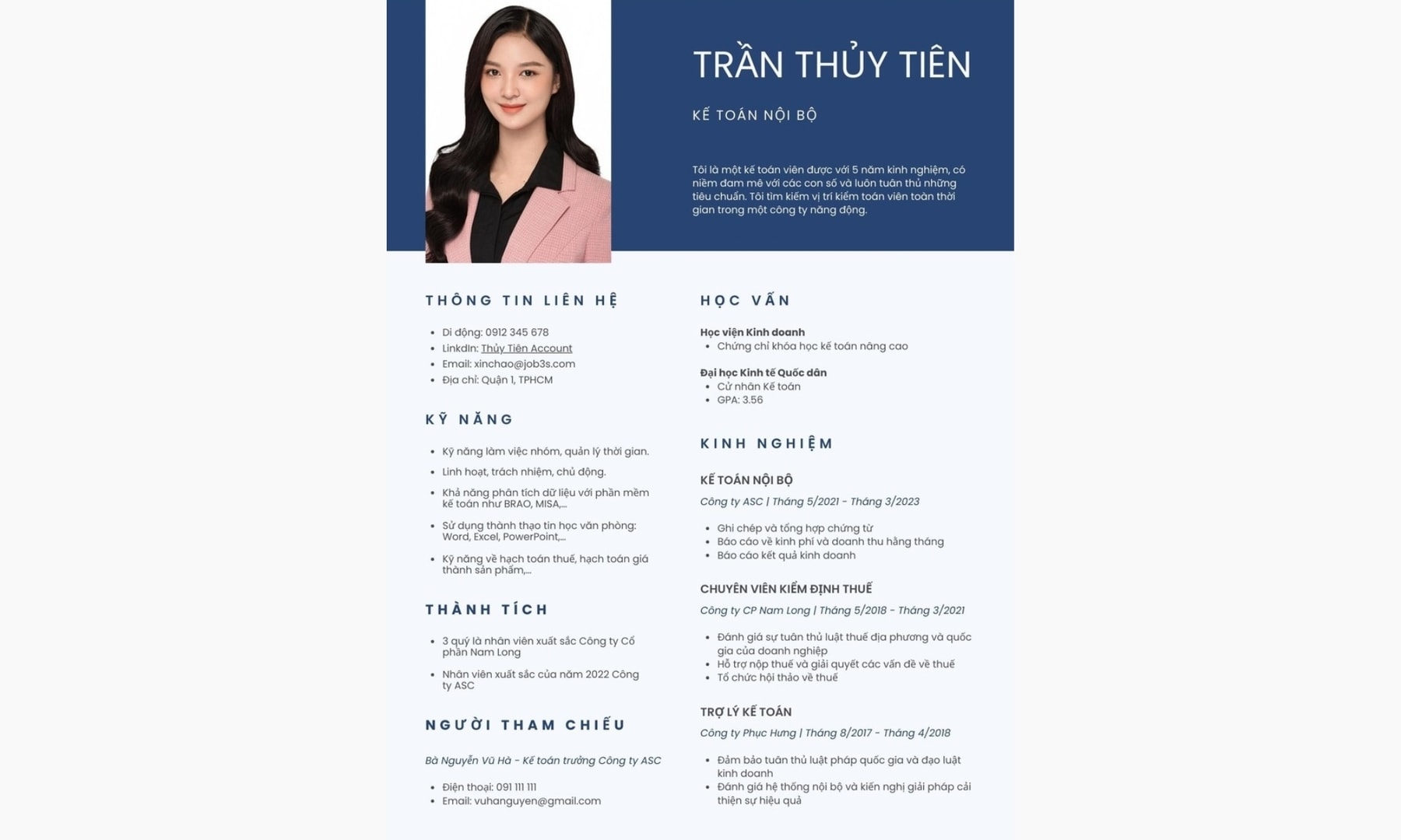 Mẫu CV cho kế toán nội bộ 1