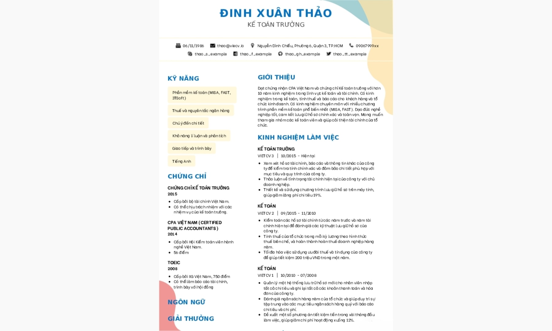 Mẫu CV kế toàn trưởng