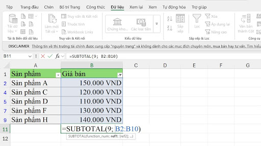 Hàm SUBTOTAL trong Excel – Hướng dẫn chi tiết và ví dụ thực tế